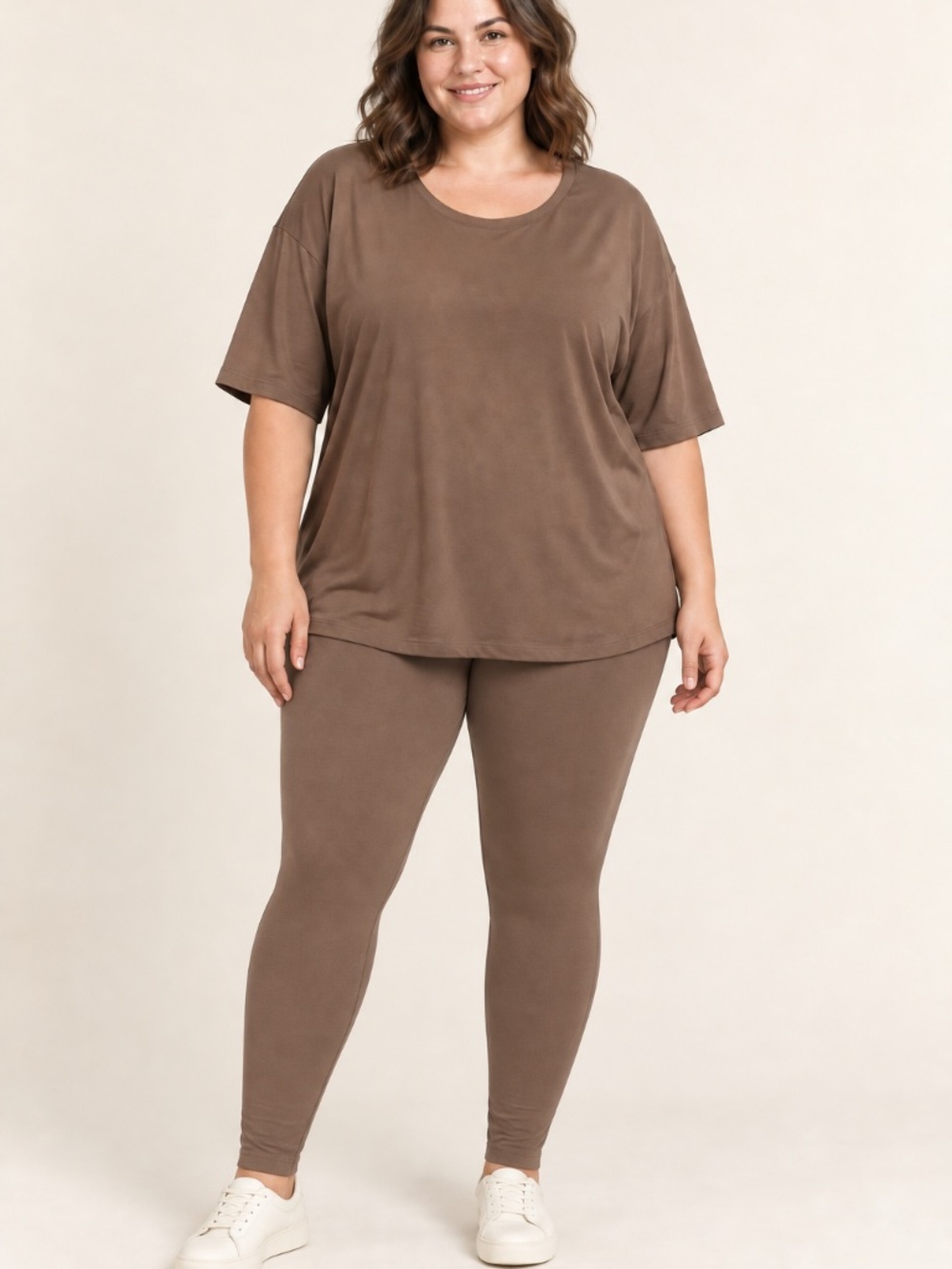 Plus - Zenana Mocha Brown Two-Piece Tunic Top & Leggings Lounge Set